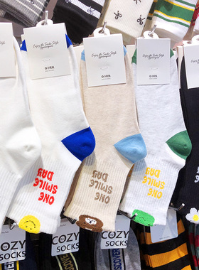 秋冬新款韩国袜子ggorangnae卡通小印花女袜中筒拼色字母棉袜2113