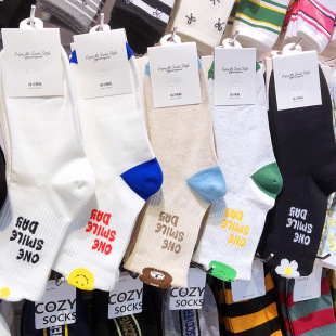 秋冬新款韩国袜子ggorangnae卡通小印花女袜中筒拼色字母棉袜2113