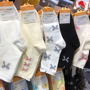 2025春季 女袜韩国进口kikiya蝴蝶结棉袜木耳花边中筒袜1201 新款