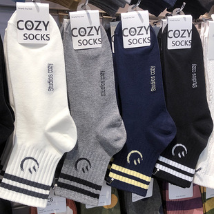 韩国进口COZY男士 棉袜条纹笑脸中筒袜子ins风运动吸汗潮男袜4147