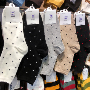 女袜可爱小波点中筒少女百搭木耳花边棉袜9356 新款 她他韩袜