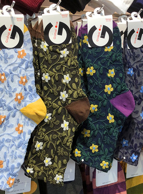 韩国秋冬新款袜子glalalane法式花朵女生棉袜拼色跟复古中筒7136