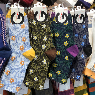 韩国秋冬新款 花朵女生棉袜拼色跟复古中筒7136 袜子glalalane法式