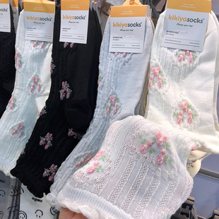 春夏新款袜子韩国KIKIYA浮雕爱心玫瑰花中筒女袜木耳边长棉袜1260