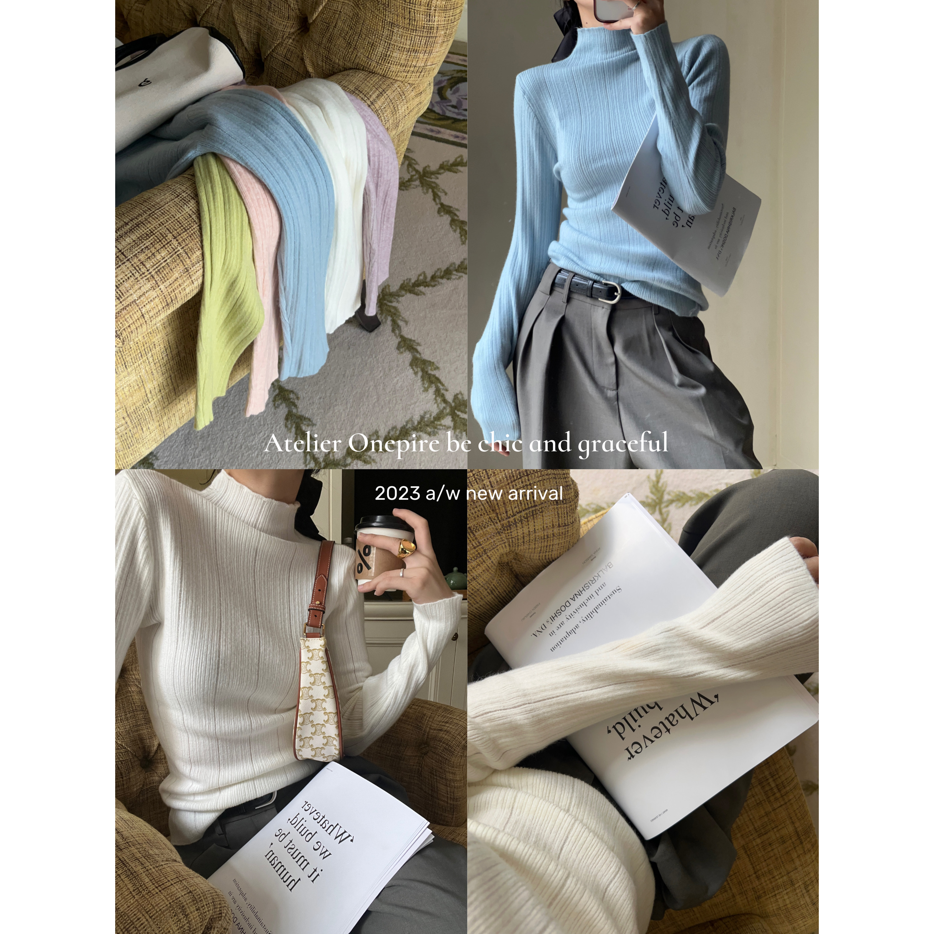 针织衫半高领竖坑条奶油包芯纱