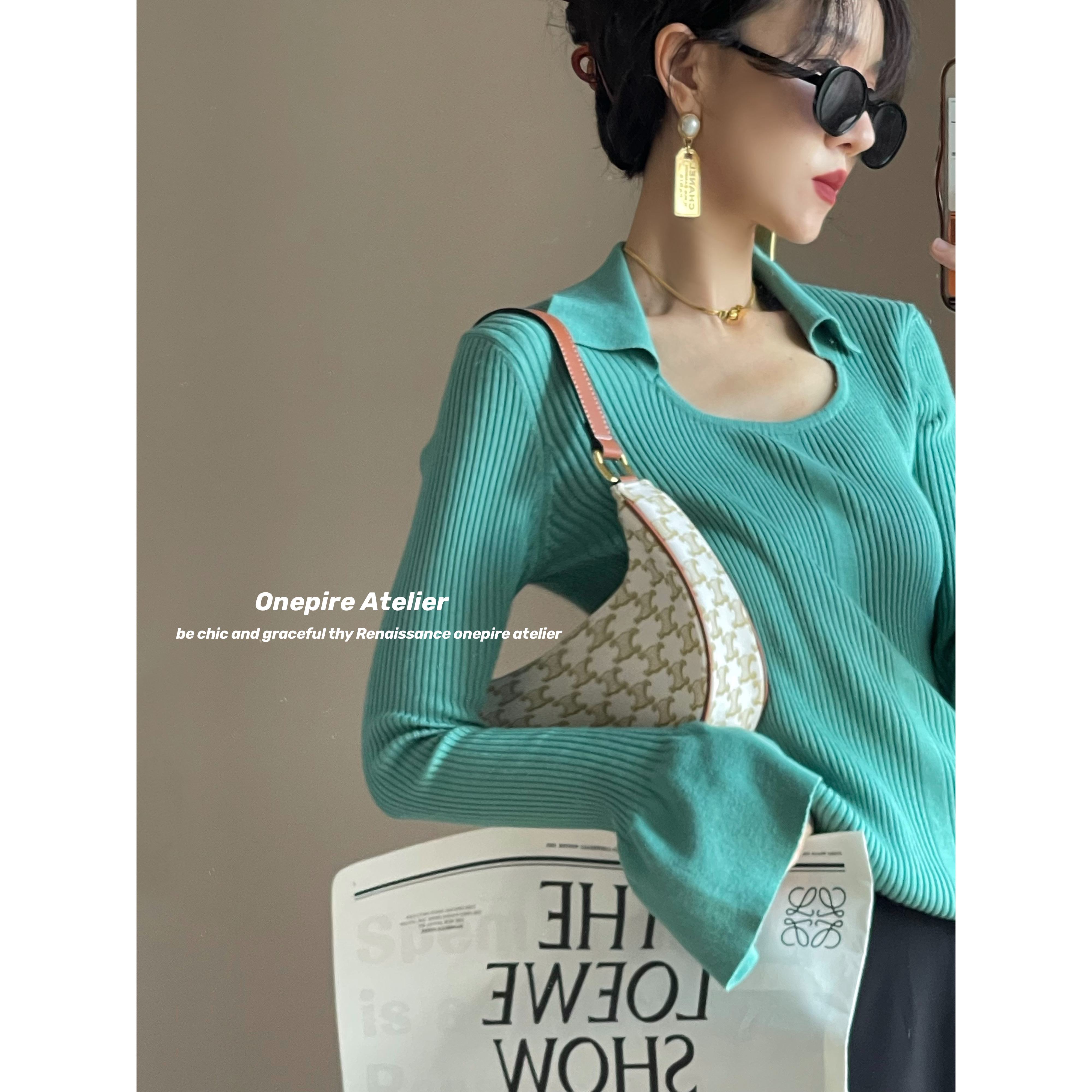 方领翻领复古荷叶袖针织上衣