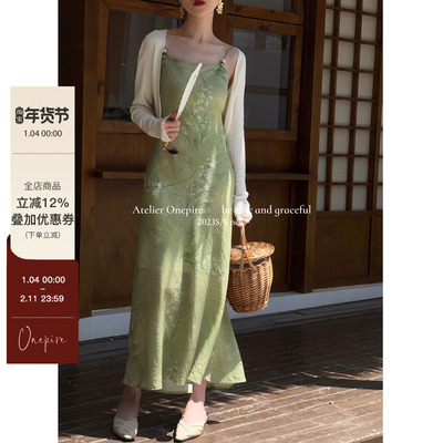 复古中式兰花印花串珠吊带连衣裙