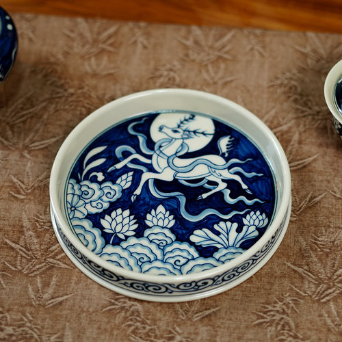 景墨春风青花九色小鹿壶承