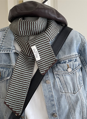 韩系氛围感彩色小围巾条纹针织挂脖女秋冬季细长条百搭千禧风围脖