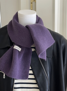 韩国25年冬季新毛线交叉短款围巾深紫色纯色围脖秋冬季护颈保暖女