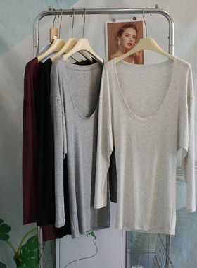 辣妹风大U领修身型遮屁股长袖T恤裙女春秋弹力紧身包臀连衣裙短裙