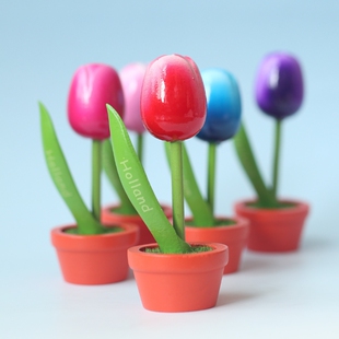 饰摆件 郁金香仿真花盆栽荷兰纪念品木质工艺品桌面书架台面室内装