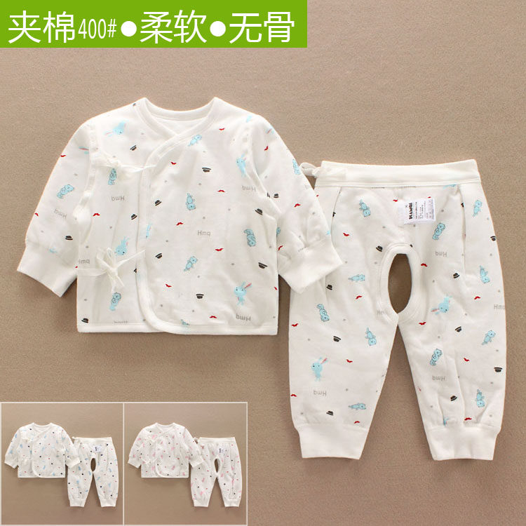 冬季哈咪奇新生儿薄棉衣套装纯棉哈米奇宝宝夹棉和服开裆套装无骨