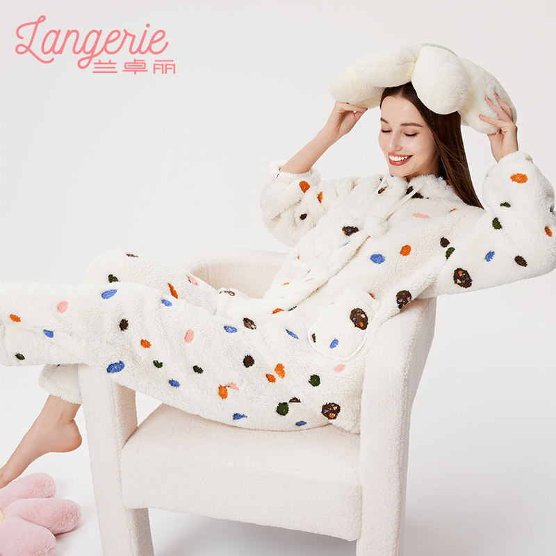 兰卓丽时尚撞色刺绣家居服女连帽