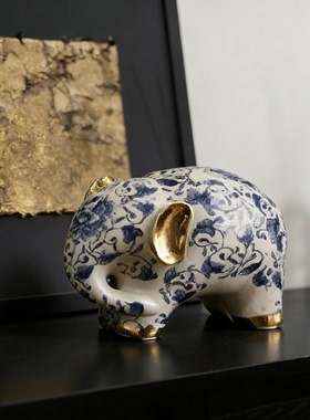 新中式青花瓷大象摆件乔迁送礼