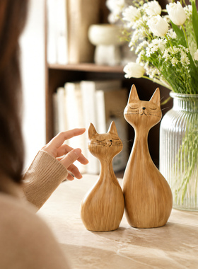 简约现代木质猫咪桌面摆件套组