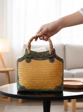 手工竹编香云纱复古手提包摆件