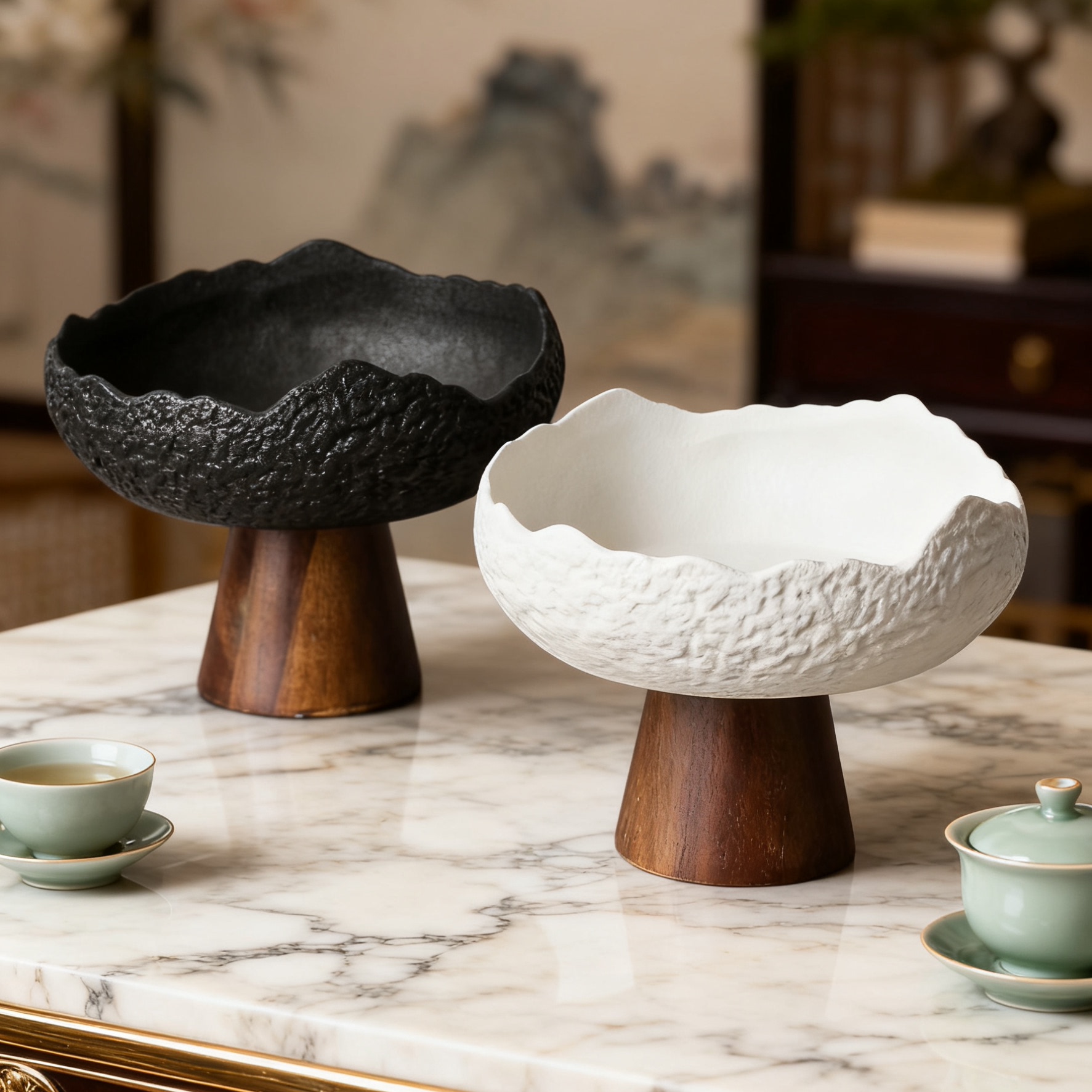 外贸黑白蛋形桌面垃圾桶客厅茶几陶瓷家用餐桌桌上创意收纳桶台面