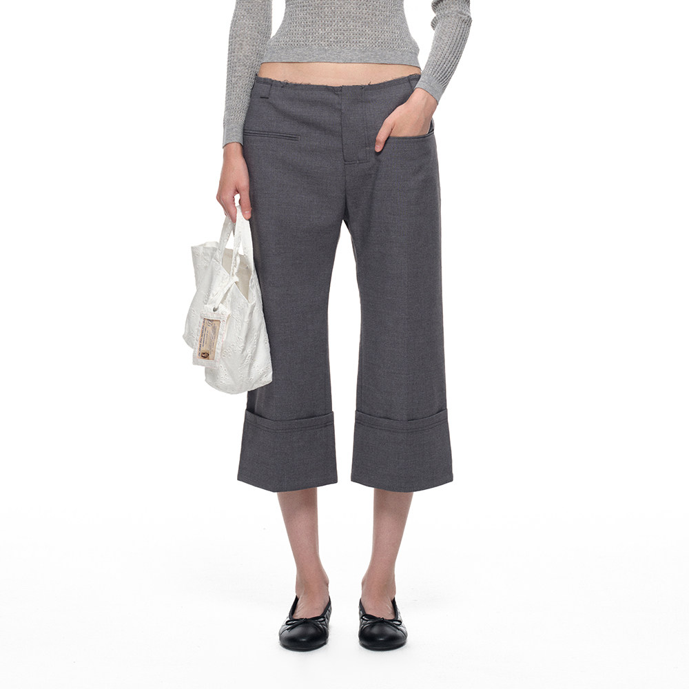 SansFrontieres 毛边设计双插袋翻边挺阔灰色七分西裤