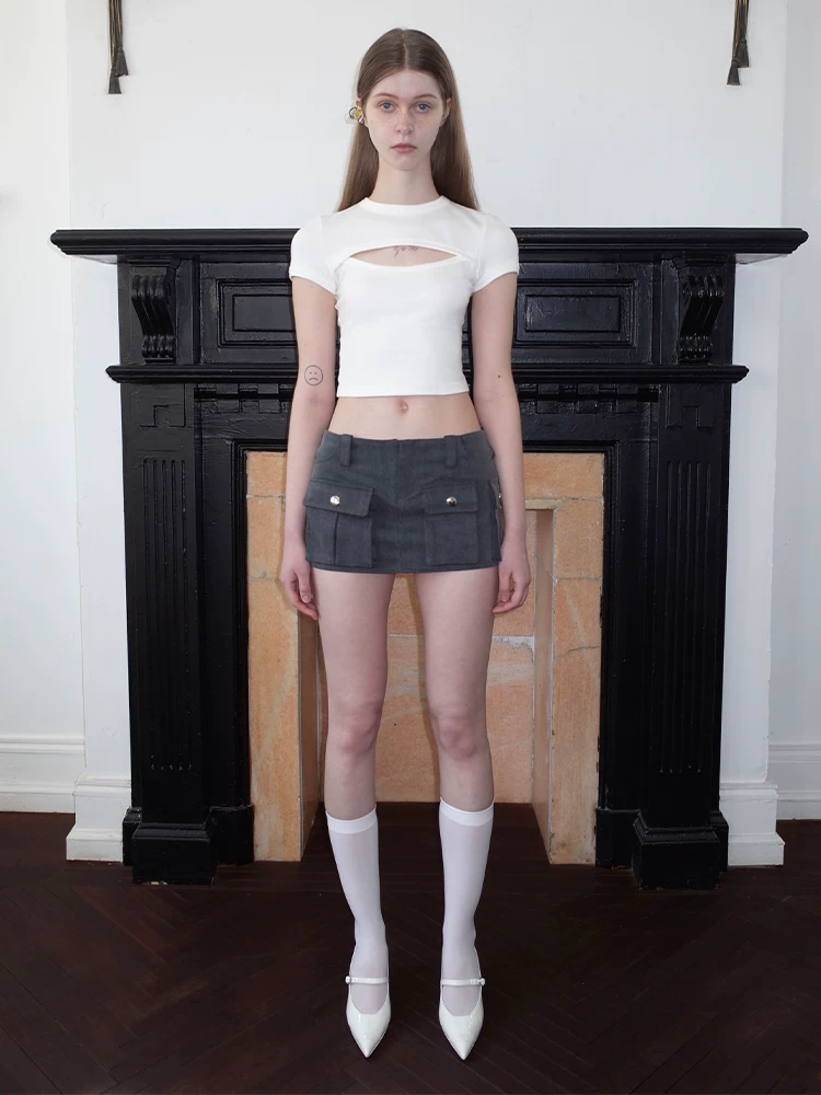 SANSFRONTIERES "KIM T-Shirt" hollow design high-waist short shoulder slim T-shirt