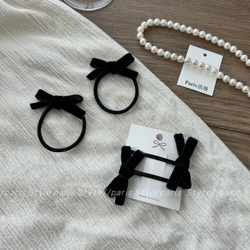 法式赫本风黑色丝绒蝴蝶结发圈
