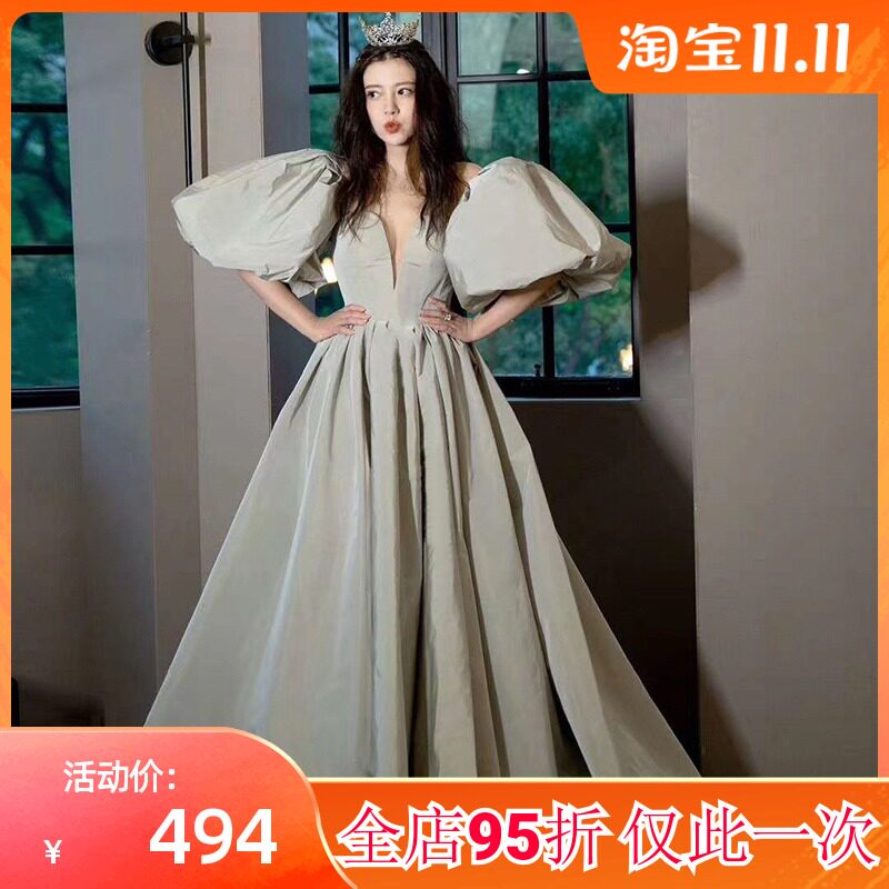 新款女礼服走秀成年礼复古宫廷绿色长裙蓬蓬性感显瘦拖尾表演出服