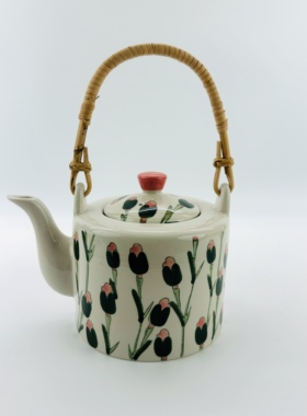外贸陶瓷手绘郁金香茶壶大容量提梁壶带过滤网餐厅泡茶壶耐高温
