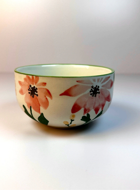 外贸陶瓷手绘4.5寸粉色花朵花朵碗米饭碗甜品碗汤碗 釉下彩