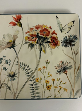 外贸陶瓷美式乡村盛夏小花陶瓷方盘10寸家用菜盘点心盘摆盘挂盘