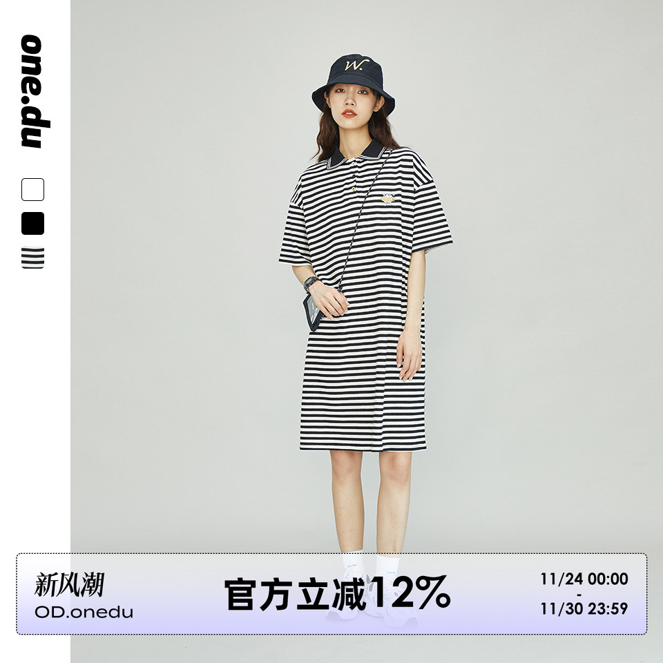 减龄POLO领短袖女2025夏季条纹T恤裙子韩版中长款运动休闲连衣裙