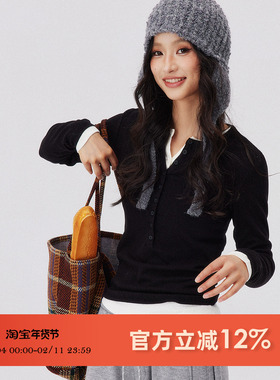 ODonedu纽扣弹力修身打底衫女修身显瘦高级感长袖t恤内搭体恤上衣