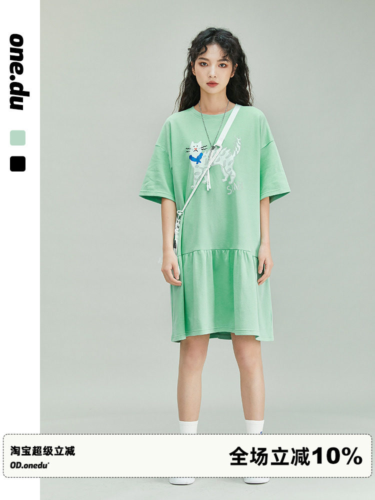 ODonedu连衣裙2025年夏季黑色t恤裙女中长款慵懒休闲宽松短袖裙子