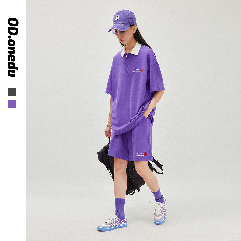 OD运动套装女夏季休闲POLO领宽松学生情侣短袖上衣五分短裤两件套