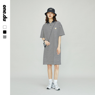 中长款 条纹T恤裙子韩版 运动休闲连衣裙 女2026夏季 减龄POLO领短袖