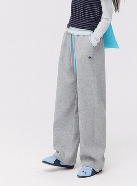 ODonedu撞色刺绣直筒裤女春秋新款脚长显瘦休闲运动高腰阔腿卫裤