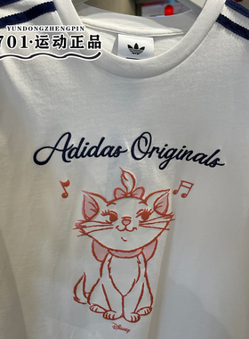 正品阿迪达斯三叶草女子短袖猫咪印花三条杠半袖T恤KC3098 KC3099