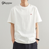 白色简约纯棉体恤潮牌上衣服 T恤男宽松潮流半袖 夏季 爱心刺绣短袖