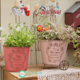 INS风日系铁盆铁皮盆粉色做旧复古绿植花盆组合盆三轮车满28 包邮