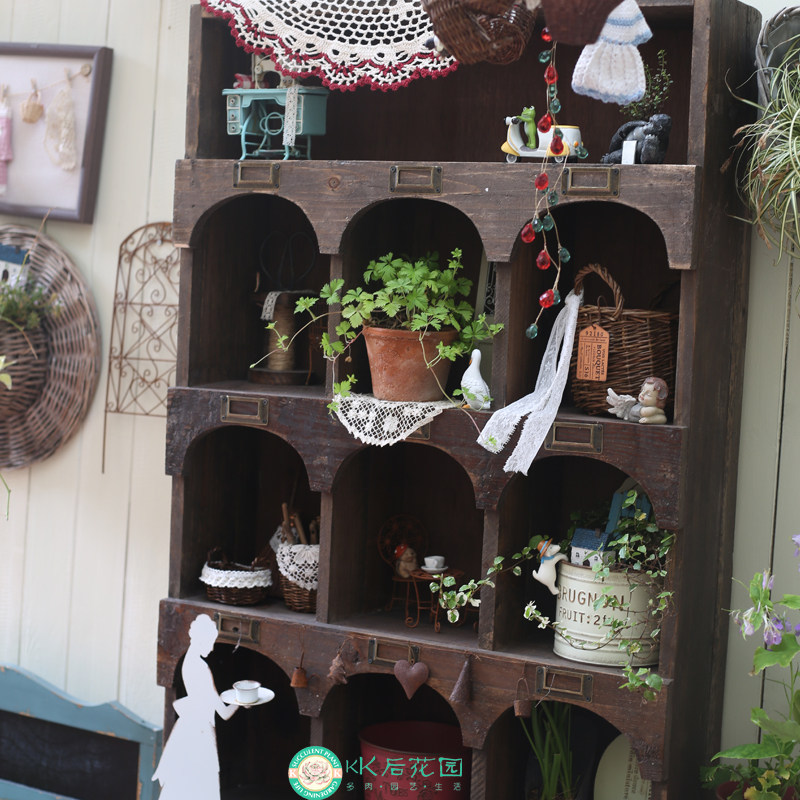 老木实木做旧桌面置物架上墙多层多格收纳架格子柜庭院杯架展示架