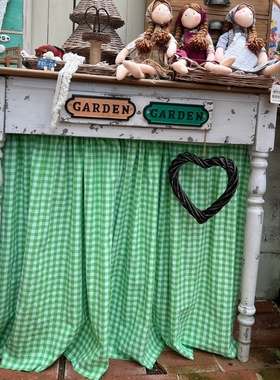 格子遮挡帘杂物柜送伸缩杆绿色格子全棉布艺免打孔杂货帘柜门遮挡