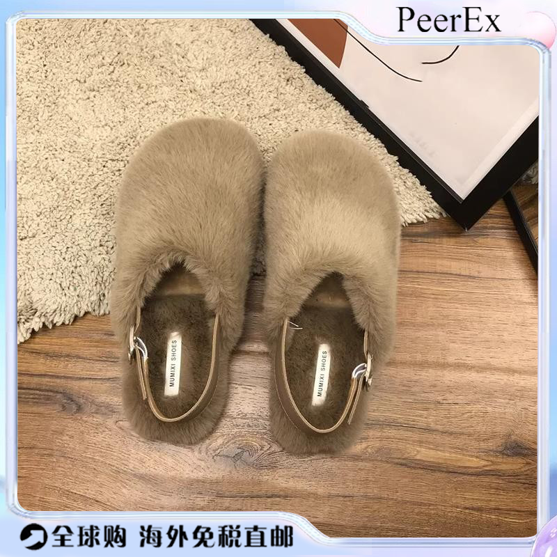 日本PeerEx保暖舒适百搭包头凉鞋ins潮酷圆头平底加绒女鞋貂毛