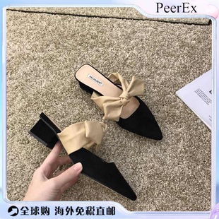 日本PeerEx小香风凉拖女鞋2024春夏外穿蝴蝶结包头中跟半拖单鞋