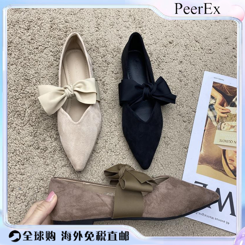 日本PeerEx蝴蝶结少女尖头鞋女温柔淑女范春季赫本风平底鞋秋款