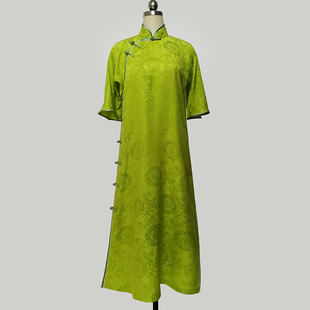 春装双绉纯色斜襟新款短袖真丝改良旗袍休闲复古宴会礼服女装L468