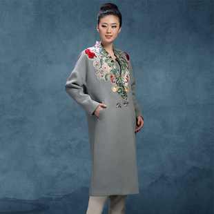 隆唐原创直筒羊驼毛呢大衣秋冬女装 外套M335 手工绣花宽松长款