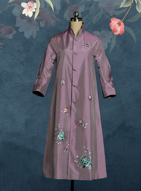 隆唐原创新款中国风唐装真丝绣花长款外套风衣精品宽松女装M373