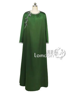 2023春季新款宽松复古圆领套头绿色泡泡真丝七分袖长裙连衣裙L431