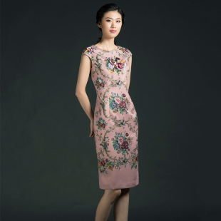中款 隆唐原创新款 气质修身 画绣结合圆领包袖 连衣裙女L375 单件短袖