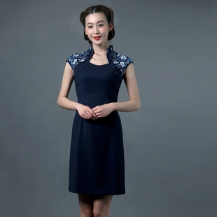 隆唐原创青花瓷羊毛毛呢真丝修身改良短款礼服女旗袍连衣裙L208