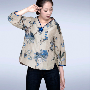 特价 绣花春秋上衣款 M229 亚麻宽松型短款 隆唐原创民族风V领七分袖